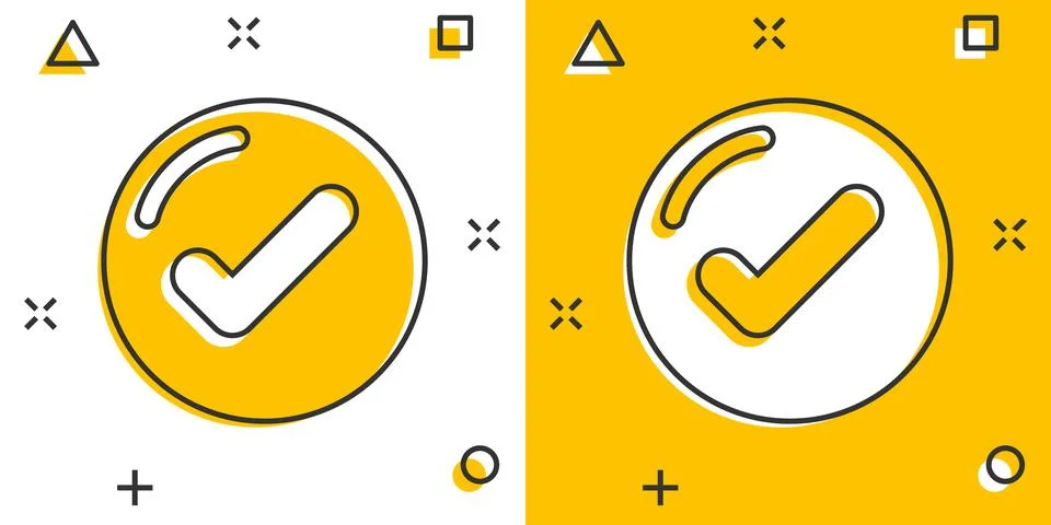Check mark sign icon in comic style. Confirm button cartoon vector illustrati Stock Illustration
