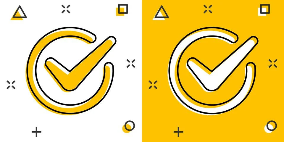 Check mark sign icon in comic style. Confirm button cartoon vector illustrati Stock Illustration