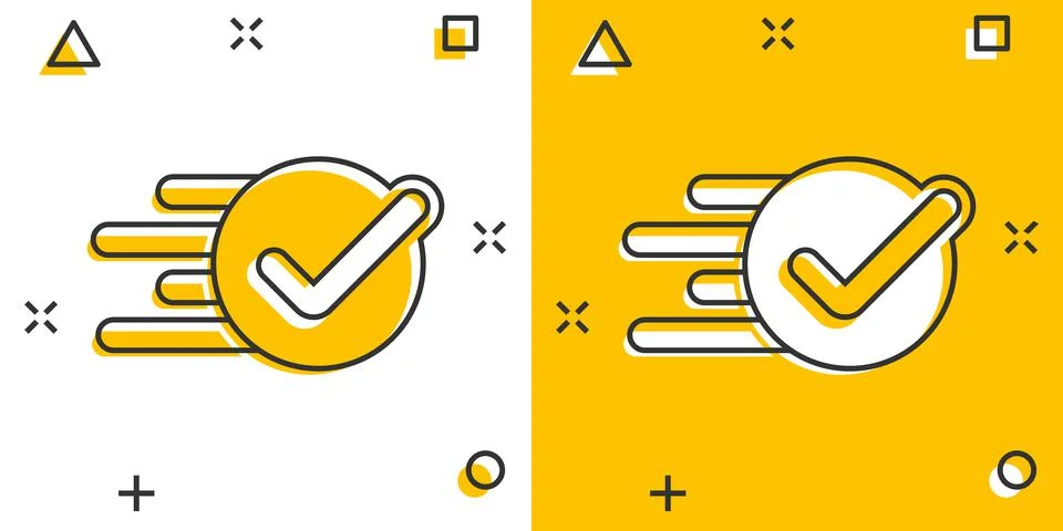 Check mark sign icon in comic style. Confirm button cartoon vector illustrati Illustrazione stock