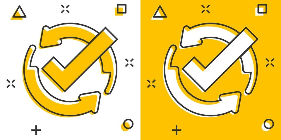 Check mark sign icon in comic style. Confirm button cartoon vector illustrati Illustrazione stock