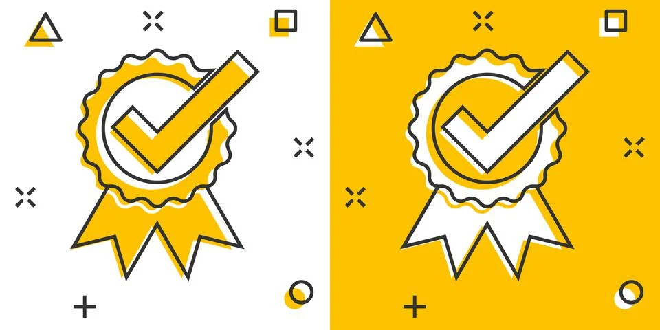 Check mark sign icon in comic style. Confirm button cartoon vector illustrati 스톡 일러스트