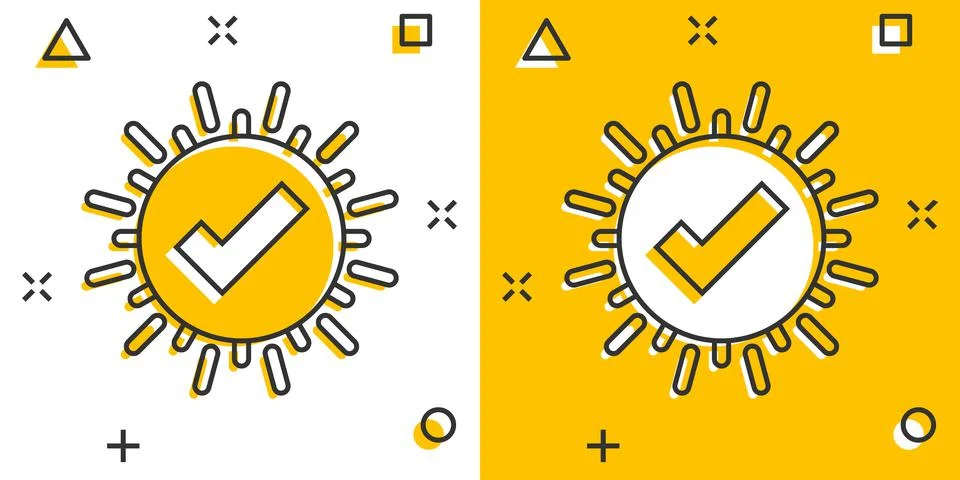 Check mark sign icon in comic style. Confirm button cartoon vector illustrati 스톡 일러스트