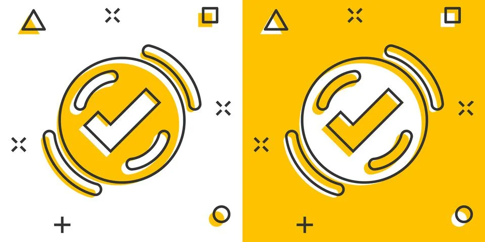 Check mark sign icon in comic style. Confirm button cartoon vector illustrati Stock Illustration