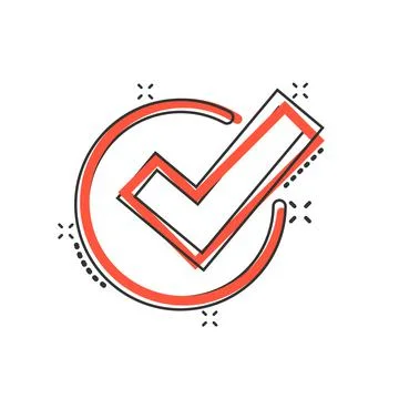 Check mark sign icon in comic style. Confirm button cartoon vector illustrati Stock Illustration