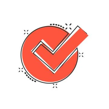 Check mark sign icon in comic style. Confirm button cartoon vector illustrati Illustrazione stock