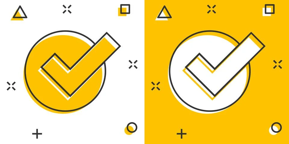 Check mark sign icon in comic style. Confirm button cartoon vector illustrati Illustrazione stock