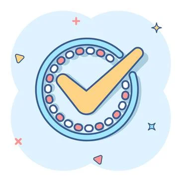 Check mark sign icon in comic style. Confirm button cartoon vector illustrati Stock Illustration