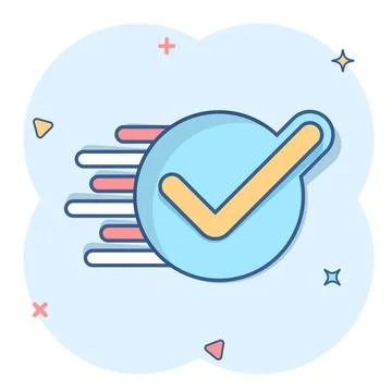Check mark sign icon in comic style. Confirm button cartoon vector illustrati Stock Illustration