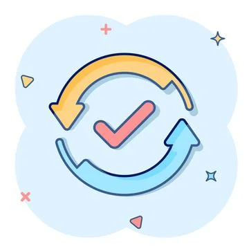 Check mark sign icon in comic style. Confirm button cartoon vector illustrati Stock Illustration