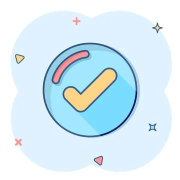Check mark sign icon in comic style. Confirm button cartoon vector illustrati Stock Illustration