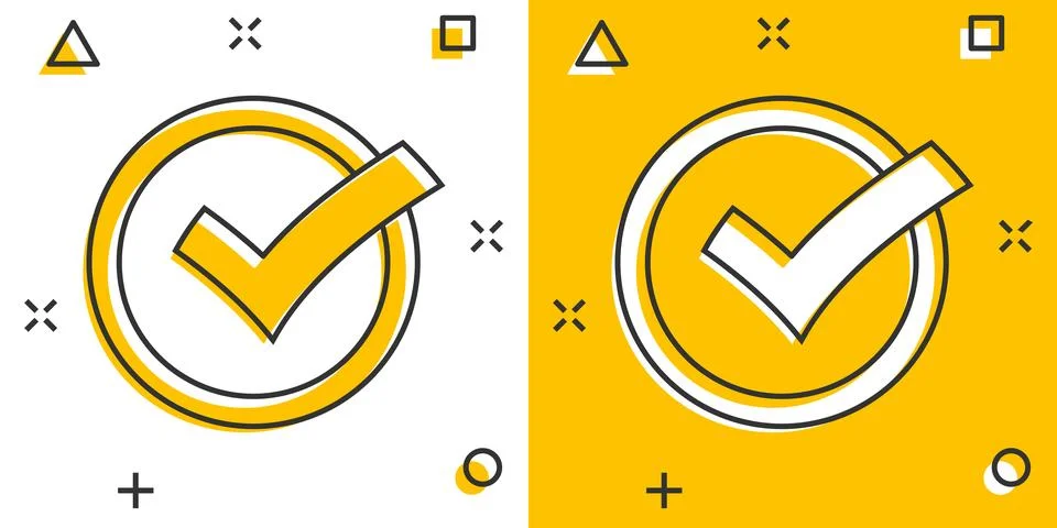 Check mark sign icon in comic style. Confirm button cartoon vector illustra.. 스톡 일러스트