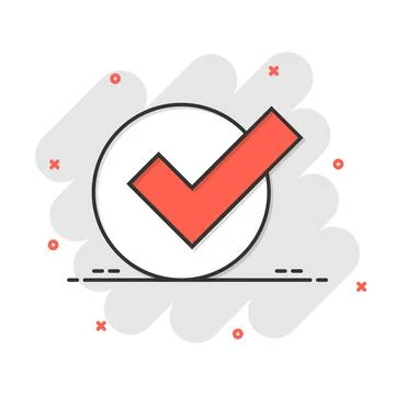 Check mark sign icon in comic style. Confirm button cartoon vector illustra.. Stock Illustration