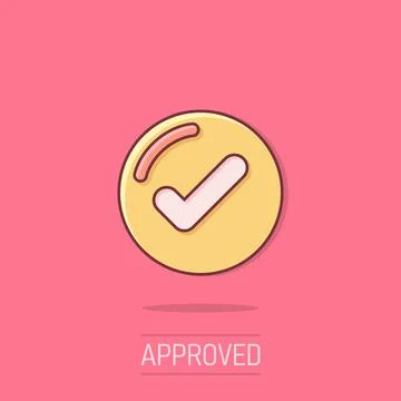 Check mark sign icon in comic style. Confirm button cartoon vector illustra.. Stock Illustration