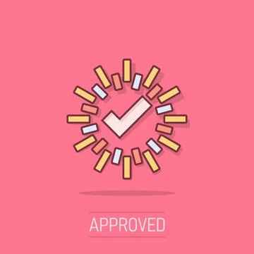 Check mark sign icon in comic style. Confirm button cartoon vector illustra.. Stock Illustration