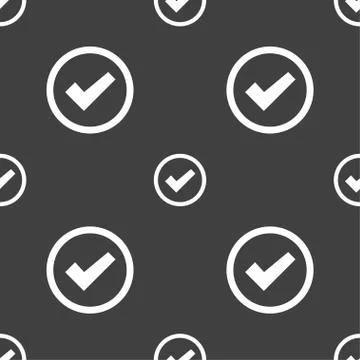 Check mark sign icon . Confirm approved symbol. Seamless pattern on a gray ba Stock Illustration