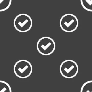 Check mark sign icon . Confirm approved symbol. Seamless pattern on a gray backg Illustrazione stock