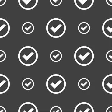 Check mark sign icon . Confirm approved symbol. Seamless pattern on a gray backg Stock Illustration