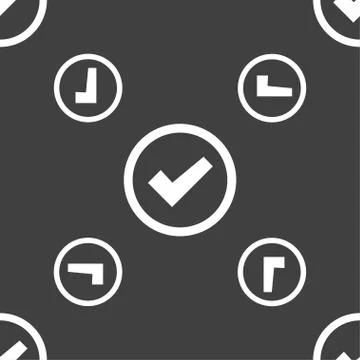 Check mark sign icon . Confirm approved symbol. Seamless pattern on a gray backg Stock Illustration