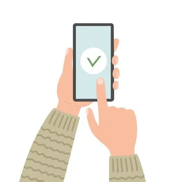 Check mark on smartphone screen. Hand holds the smartphone and finger touches Stock Illustration