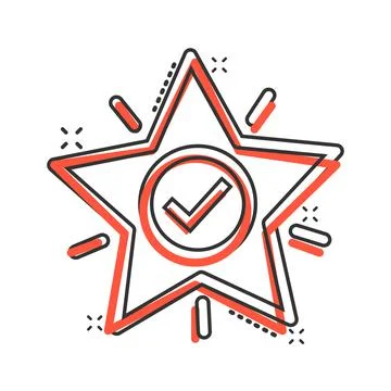 Check mark with star icon in comic style. Add to favorite cartoon vector illu Stockillustratie