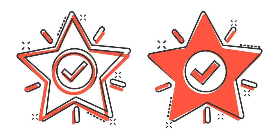 Check mark with star icon in comic style. Add to favorite cartoon vector illu Stockillustratie