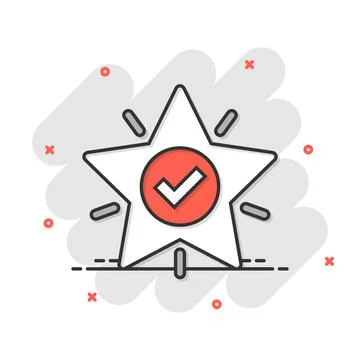Check mark with star icon in comic style. Add to favorite cartoon vector illu Stockillustratie