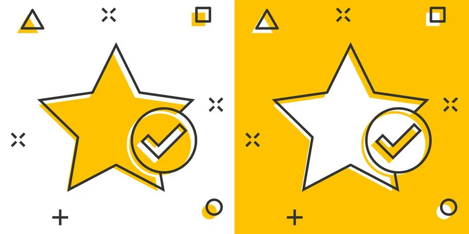 Check mark with star icon in comic style. Add to favorite cartoon vector illu Stockillustratie