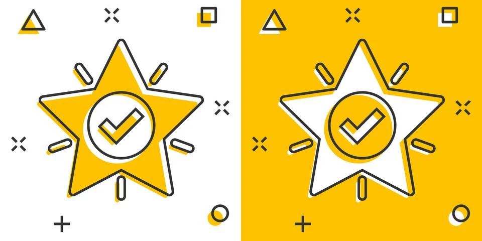 Check mark with star icon in comic style. Add to favorite cartoon vector illu Stockillustratie