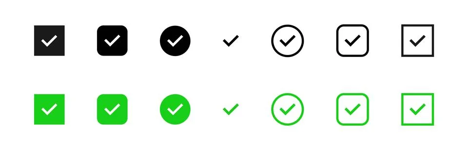 Check mark vector icon set. Checkbox green tick. Ok signs. Correct symbols... Ilustración de archivo