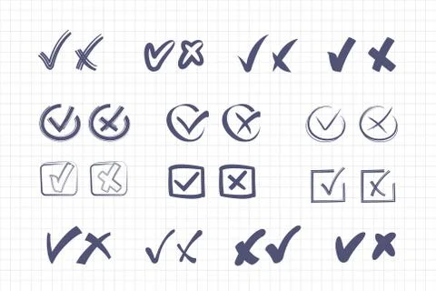 Check marks and crosses set. Symbols positive negative voting form choosing Stock Illustration