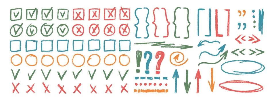 Check marks, arrow doodle set. Crayon underlines, quotation marks, brackets and Stockillustratie