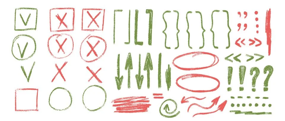 Check marks, arrow doodle set. Crayon underlines, quotation marks, brackets and Stock Illustration