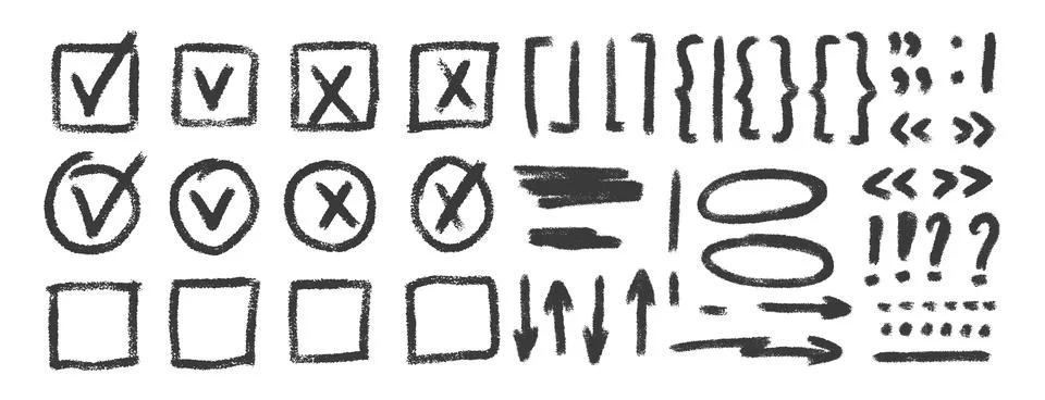 Check marks, arrow doodle set. Charcoal underlines, quotation marks, brackets Stockillustratie