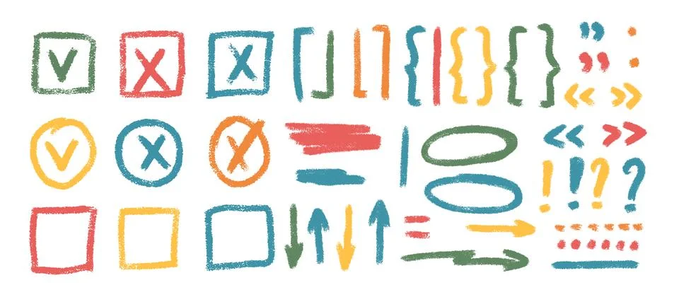 Check marks, arrow doodle set. Crayon underlines, quotation marks, brackets and Stockillustratie