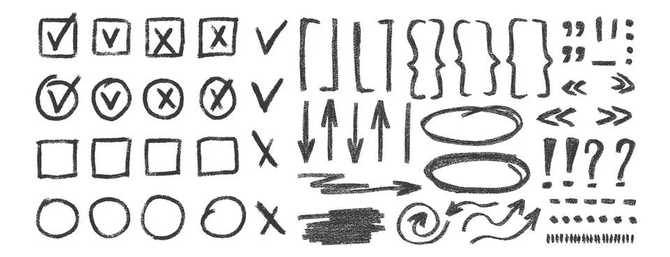 Check marks, arrow doodle set. Crayon underlines, quotation marks, brackets a Stockillustratie