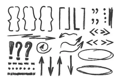 Check marks, arrow doodle set. Crayon underlines, quotation marks, brackets and Stockillustratie
