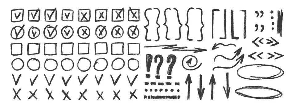 Check marks, arrow doodle set. Pencil drawn underlines, quotation marks, Stockillustratie