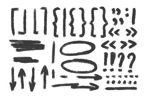 Check marks, arrow emphasis doodle set. Charcoal underlines, quotation marks, Stockillustratie