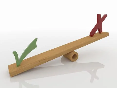 Check Marks Balancing on Seesaw, 3D Render Stock Illustration