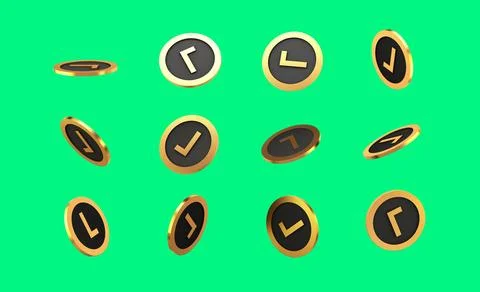 Check marks circle logo floating on green background. 3d Illustration gold Stock Illustration