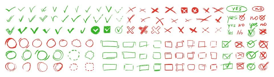 Check marks doodle set. Voting elements. Yes or no signs and square, rectangular Illustrazione stock