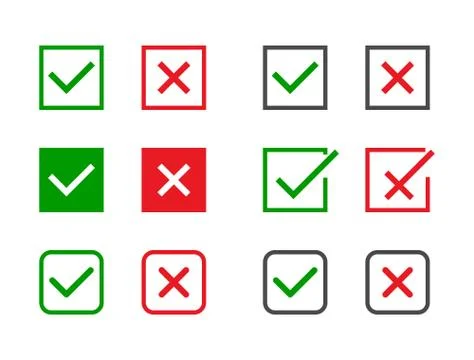 Check marks set. Green tick and red cross in different shapes. YES or NO acce Stock Illustration