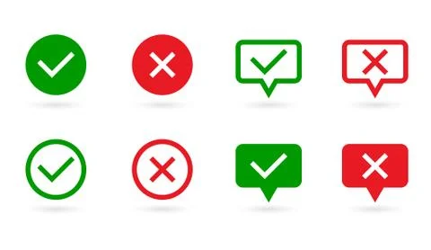 Check marks set. Green tick and red cross in speech bubble and circle shape.  Stock Illustration