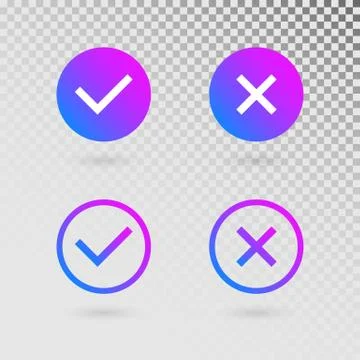 Check marks set in modern gradient colors. Bright tick and cross in circle sh Stock Illustration