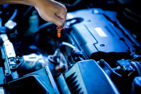 Check the oil level in car engine. Mechanic checking car engine or vehicle Stock Photos