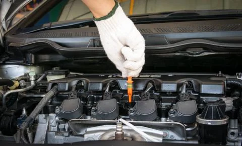 Check the oil level in engine Stock Photos