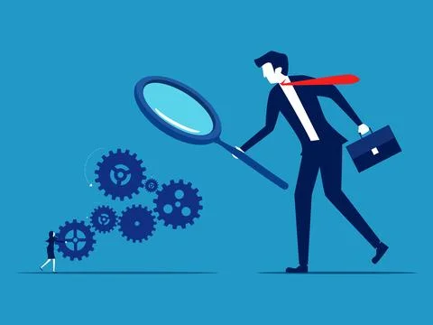 Check out the workers. Check out the workflow. Businessman boss using magnify Illustrazione stock