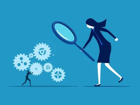 Check out the workers. Check out the workflow. Businesswoman boss using magni Illustrazione stock