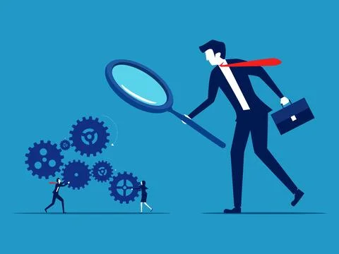 Check out the workflow. Businessman boss using magnifying glass to see employ Stock Illustration