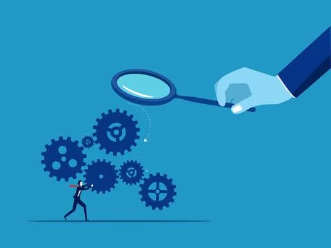 Check out the workflow. Businessman boss using magnifying glass to see employ Illustrazione stock